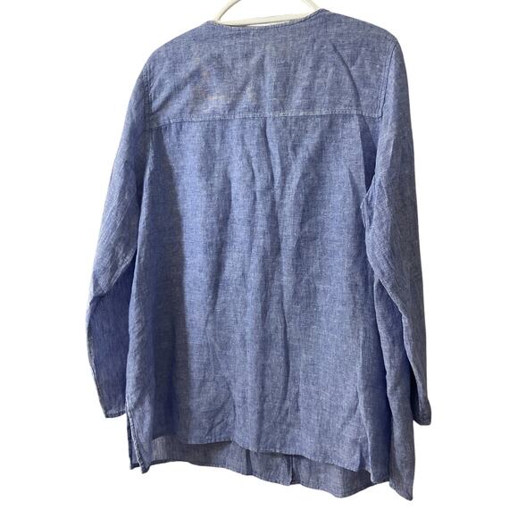 TAHARI 2X Blue 100% Linen Roll Tab Sleeve MOP Button Flowy Tunic Top Blouse - Picture 2 of 6